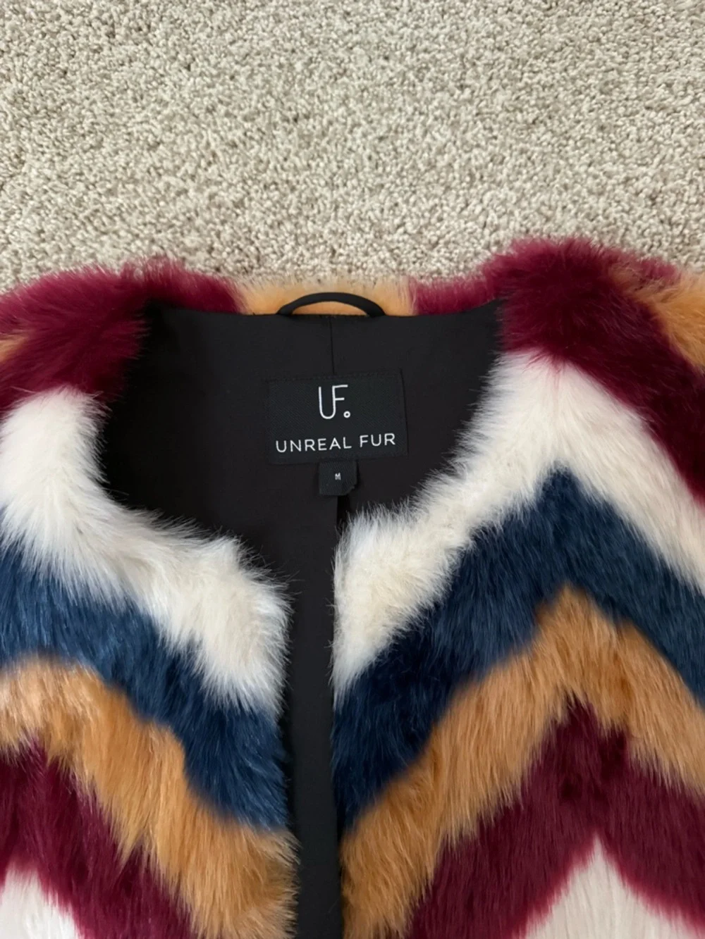 NWOT Unreal Fur Faux Fur Frequency Chevron Statement Jacket Vegan M